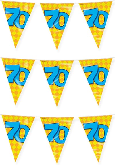 Paperdreams verjaardag 70 jaar thema vlaggetjes - 3x - feestversiering - 10m - folie - dubbelzijdig
