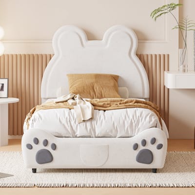 Wit Kinderbed 90x200 cm, Gestoffeerd Bed in Berenvorm, Velours Eenpersoonsbed voor Kinderen