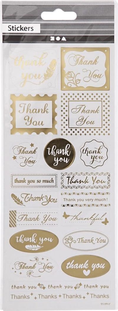 Stickers, thank you, vel 10x24 cm, ca. 19 stuk, goud, 1 vel