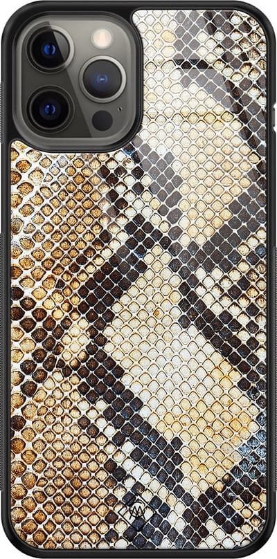 Casimoda® hoesje - Geschikt voor iPhone 12 Pro Max - Snake / Slangenprint bruin - Luxe Hard Case Zwart - Backcover telefoonhoesje - Goudkleurig