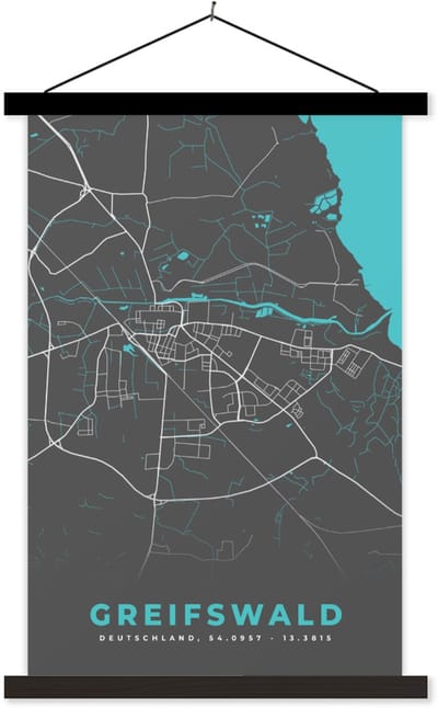 Posterhanger incl. Poster 120x180 cm - Schoolplaat - Stadskaart – Kaart – Greifswald – Blauw – Duitsland – Plattegrond - Textielposter - Zwarte latten - Stadskaart