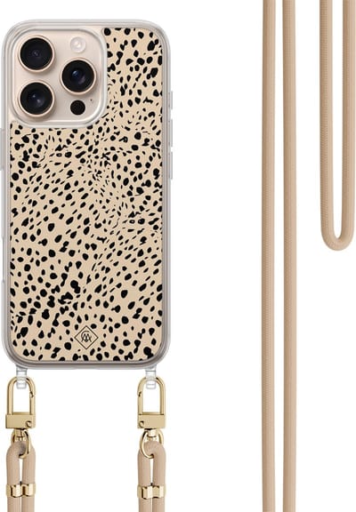 Casimoda® hoesje met koord - Geschikt voor iPhone 16 Pro - Stippen bruin abstract - Afneembaar koord - TPU/polycarbonaat - Bruin/beige