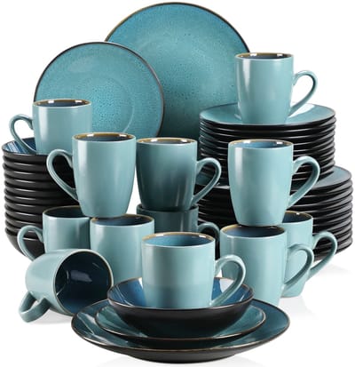 Serviesset - 12 Persoons Servies - Porselein - Diner- en Dessertborden, Kommen en Kopjes - 48-delige Set - Groen