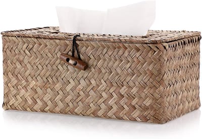 Decoratieve Woven Papieren Tissuehouder van Zeegras in Rectangulaire Vorm, Koffiekleur, 27x12x9 cm - Perfect voor Huishoudelijk Gebruik en Interieurdecoratie