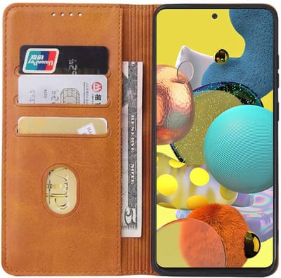 Smartphonica Samsung Galaxy A51 5G kunstleren hoesje met magnetische sluiting en pashouders book case - Bruin geschikt voor Samsung Galaxy A51 5G