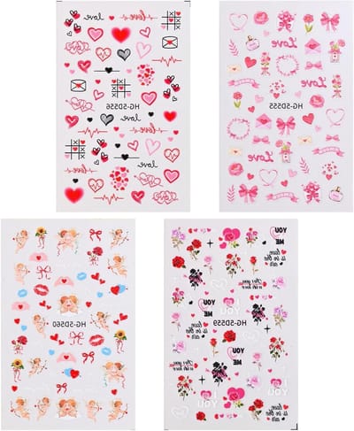 Zelfklevende 5D Embossing Nagelstickers voor Valentijnsdag met Bloemen en Hartjes - Romantische Nail Art Decoratie en Manicure Accessoires, 4 Vellen