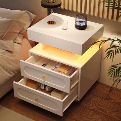 MODENUIT Nachtkastje - LED-Verlichting En 2 Laden - Voor Slaapkamer Met Open Vak - Spaanplaat - 50x40x60 Cm - Wit
