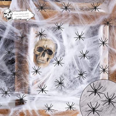 Halloween Spinnenweb Set - Griezeldecoratie Spinnen - Creëer Griezelige Sfeer - Realistisch Uitziend Web - 100g Web 20 Spinnen - Zwart