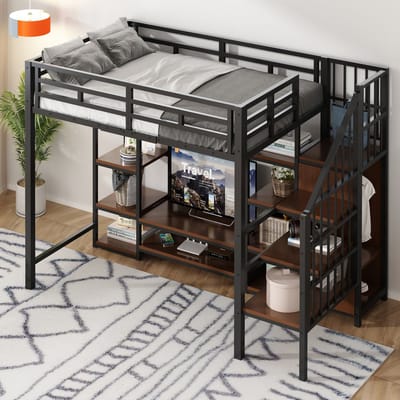 REDOM Bedframe 90x200 cm – Hoogslaper met TV-standaard & stopcontact – Metaal – Zwart