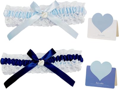 2x Elegante Kousenband Set Bruiloft - Blauwe Beenriem met Strik en Hartjes Wenskaartjes
