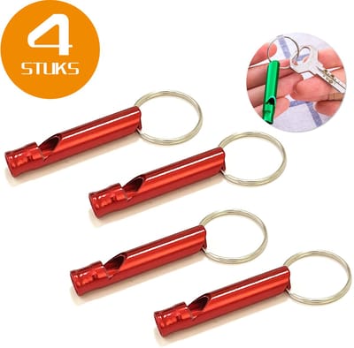 Colorful Sun® Metalen Noodfluit 4 Stuks – Alarmfluit 120 dB met Sleutelhanger – Reddingsfluit voor Outdoor, Wandelen, Camping, Survival & Sport – Hondenfluit – Sport- & Scheidsrechterfluit – Rood