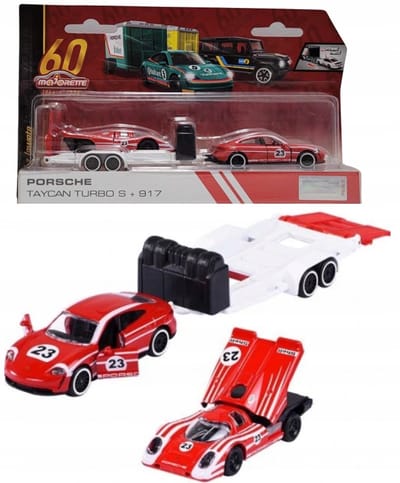 Majorette Racetrailer Porsche Taycan Turbo S + 917 Schaal 1:64