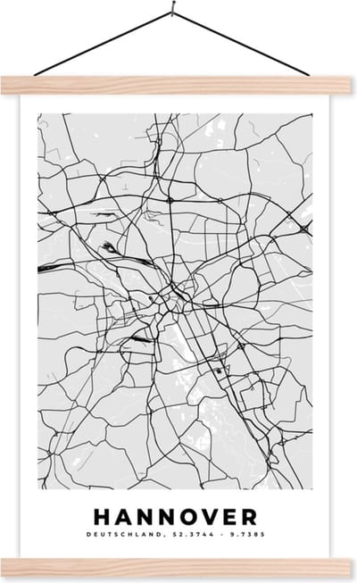Posterhanger incl. Poster 40x60 cm - Schoolplaat - Hannover - Stadskaart - Plattegrond - Duitsland - Kaart - Textielposter - Blanke latten - Stadskaart