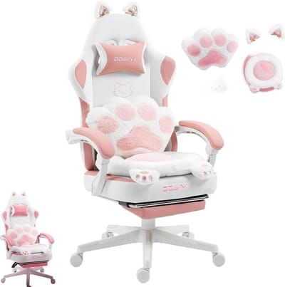 Dowinx Gamingstoel – Kattenpoot-design – Roze – Stoffen – Voetsteun – Verstelbaar – Ergonomisch