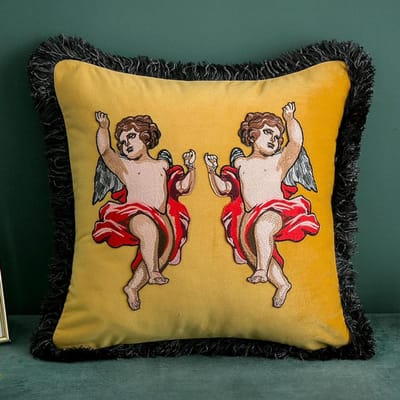 Kussenhoes Vierkant - Sierkussenhoes Fluweel - Interieur Decoratie - Borduursel Detail - 45 x 45 cm - Geel