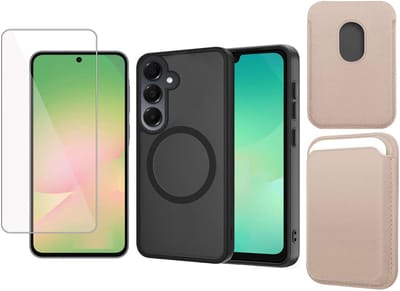 Hoesje + Pasjeshouder + Screenprotector geschikt voor Samsung Galaxy A17 5G / A26 Hoesje - Portemonnee Hoesje geschikt voor MagSafe - Magnetisch - Gehard Glas- Creditcardhouder - Goud