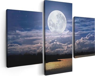 Artaza Canvas Schilderij Drieluik Volle Maan bij het Water - 90x60 - Foto Op Canvas - Canvas Print