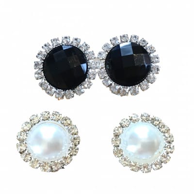 2 paar Clip oorbellen- Zwart- Wit Strass- 2 cm