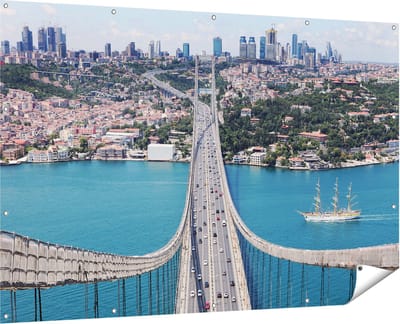 Gards Tuinposter Istanbul Bosporus Brug vanaf Boven - 180x120 cm - Tuindoek - Tuindecoratie - Wanddecoratie buiten - Tuinschilderij