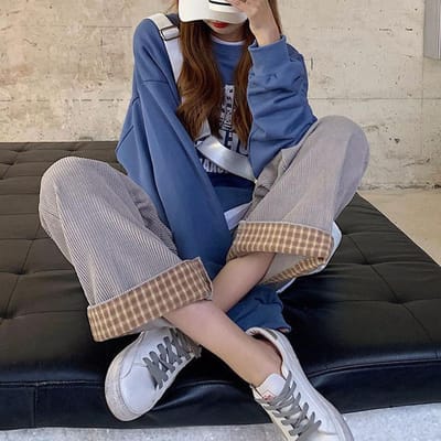 Corduroy Broek voor Dames In Herfst en Winter Nieuwe Stijl voor Studenten Koreaans Losse Hoge Taille Wijde Pijpen Broek Plus Fluweel Verdikt Casual Broek 2XL gray