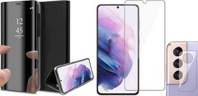 Hoesje geschikt voor Samsung Galaxy S21 FE - Book Case Spiegel Wallet Cover Hoes Zwart - Tempered Glass Screenprotector - Camera Lens Protector