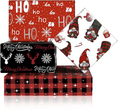 Dailygoods- Inpakpapier Kerst - Set van 8 Vellen - Scandinavisch Design - Rood/Zwart Plaid/Gnome/Rendier - Duurzaam Kunstpapier - 50 x 70 cm - Cadeaupapier