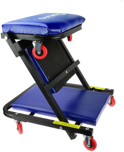 GEKO Opvouwbare autokrik en zitje - Stalen frame - Schuimkussen - 7 zwenkwielen - 102 cm lang