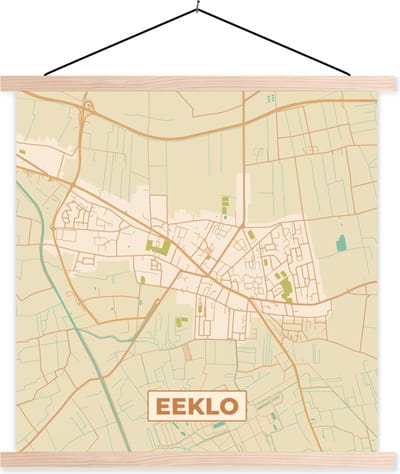 Posterhanger incl. Poster 40x40 cm - Schoolplaat - Stadskaart - Vintage - België - Plattegrond - Kaart - Eeklo - Textielposter - Blanke latten - Stadskaart