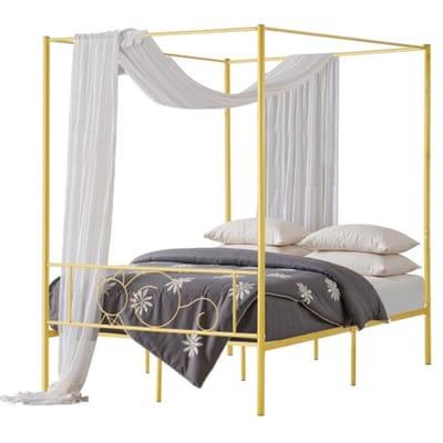 VEVOR hemelbedframe (volledige maat), metalen hemelbed met minimalistisch hoofdeinde en hemelbedontwerp, stevige stalen lattenbodem (rond), opbergruimte onder het bed, geen boxspring vereist, goud