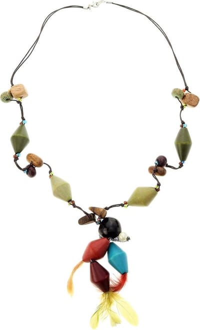 Behave - Lange ketting met multi-color houten kralen en veren hanger - 80 cm - Bohemian sieraden