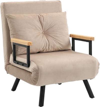1-zits slaapstoel, 3-in-1 verwarmde stoel met in 5 standen verstelbare rugleuning, kussen, gewatteerde zitting, fluwelen bekleding, logeerbed, woonkamer, kantoor, beige