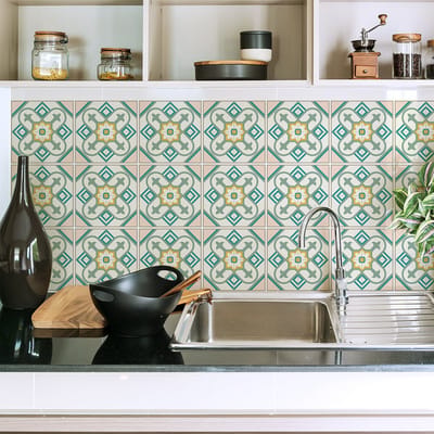 Zelfklevende tegelmuurstickers voor keuken en badkamer - 9 cementtegelstickers (Azulejos Nesa) - 9 stickers, 20x20cm