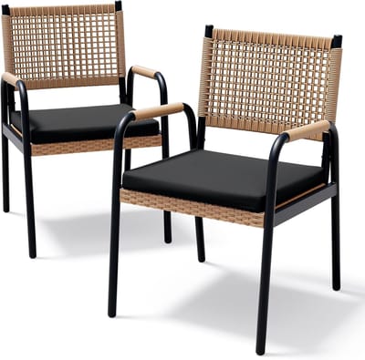 Set van 2 Tuinstoelen inclusief Kussens - Rotan Wicker Balkonstoelen met Metalen Frame - Weerbestendig - Zwart & Bruin