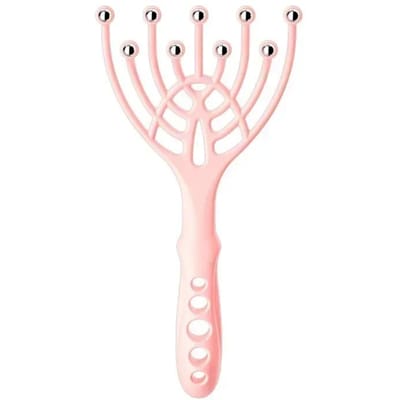 1 stuk hoofdmassageapparaat/nekborstel/roller met vijf vingers en negen klauwen, stalen bal, handzaam, voor ontspannende spa-behandelingen en haarverzorging ter verlichting van stress. roze