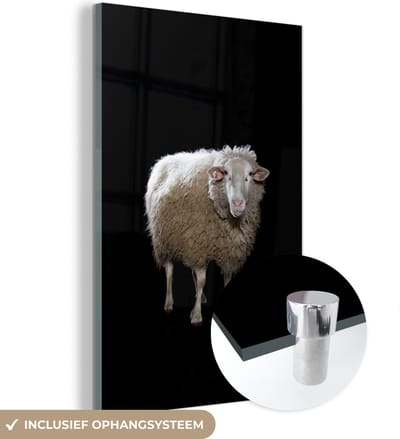 MuchoWow® Glasschilderij 100x150 cm - Schilderij acrylglas - Schaap - Boerderijdieren - Zwart - Foto op glas - Schilderijen