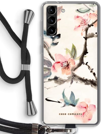Case Company® - Hoesje met koord geschikt voor Samsung Galaxy S21 Plus hoesje met Koord - Japanse bloemen - Telefoonhoesje met Zwart Koord - Bescherming aan alle Kanten en Over de Schermrand