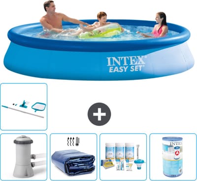 Intex Rond Opblaasbaar Easy Set Zwembad - 366 x 76 cm - Blauw - Inclusief Pomp - Solarzeil - Onderhoudspakket - Filter - Schoonmaakset - 6-delig
