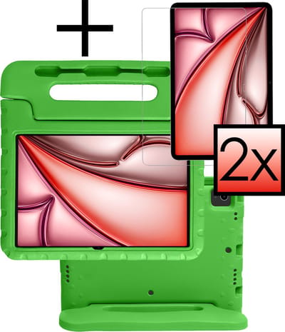 Hoes - Geschikt voor Apple iPad Air (2024/2025/2026) - 11 inch - Met 2x Screenprotector - Kinderhoes Shockproof Bumper - Kidsproof Case - Tablet Hoesje - Kinder Cover - Groen