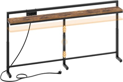 HOMESY 180 cm Console Tafel met Verstelbare Hoogte (70-90 Cm), Lange Smalle Haltafel met Verschuifbare Stekkerdoos (2AC, 1USB-A, 1USB-C), Lange Haltafel voor Woonkamer, Slaapkamer, Vintage Bruin