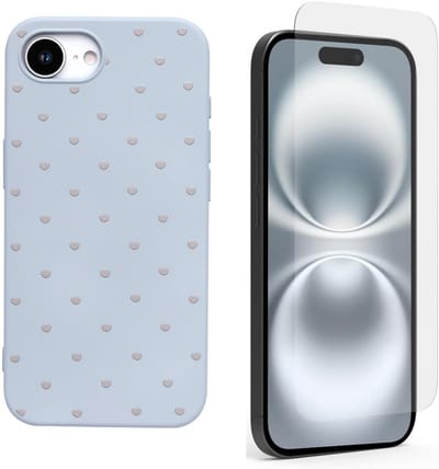 Hoesje en Glas Geschikt voor iPhone 16e - Blauw - Casemania Stevige Siliconen Back Cover met Hartjes Print - 1x Glazen Screenprotector