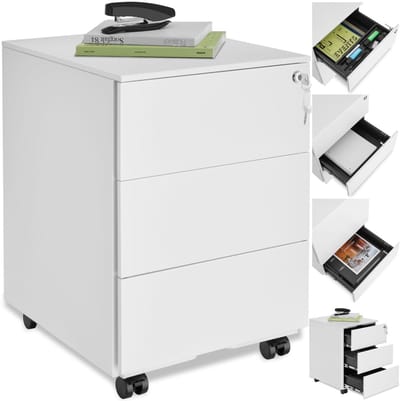 tectake® Ladenkast - Ladeblok - Office metalen archiefkast op wielen - afsluitbare ladekast met lades voor bureau - rolcontainer - ladekast - organizer - trolleykast afsluitbaar (wit)