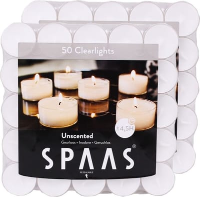 Spaas Clearlights theelichtjes/waxinelichtjes - 100x - wit - 4,5 branduren - transparante cup