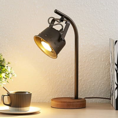 Lindby - tafellamp - 1licht - Metaal, hout - H: 36.5 cm - GU10 - bruin, zwart