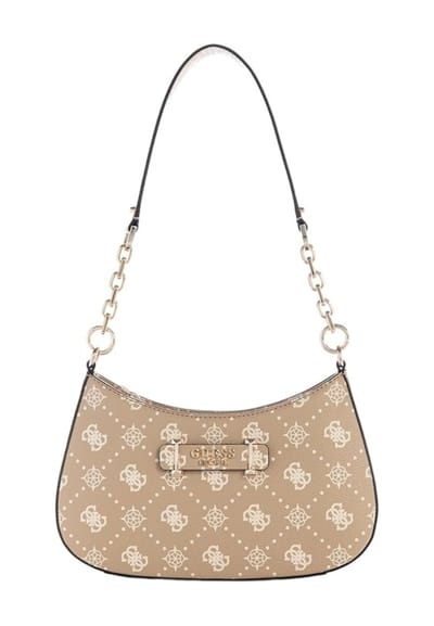 GUESS schoudertas Carrie Logo Top Zip Shoulder Bag Biscotti Logo beige