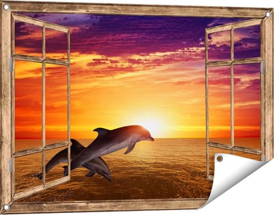 Gards Tuinposter Doorkijk Twee Dolfijnen bij de Zonsondergang - 90x60 cm - Tuindoek - Tuindecoratie - Wanddecoratie buiten - Tuinschilderij