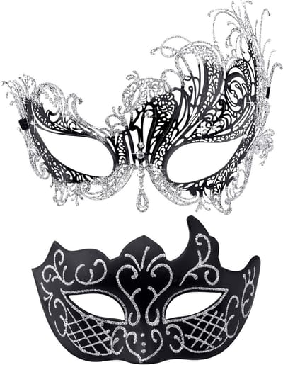 Elegante Venetiaanse Maskers voor Stellen - Zwart en Zilver Metalen Halloween en Feestmasker voor Carnaval en Themafeesten