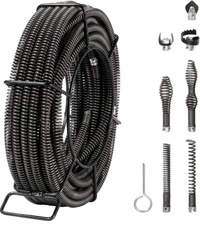 Ontstoppingsveer - Rioolreinigingsspiraal - Professioneel - Lengte 20 m x 16 mm - Voor Buizen 20–100 mm - Met 7 Snijmessen - Holle Kern - Voor Gootsteen, Vloerafvoer, Toilet