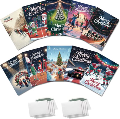 Inspra Studio – Luxe Kerstkaarten met Enveloppen – 10 Stuks – Sport Wenskaarten Collectie #3 – Artistieke Sportieve Illustraties met Winterse Sfeer