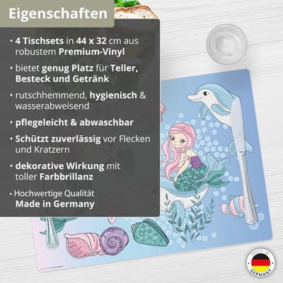 Placemat, afwasbaar, voor kinderen, zeemeerminnen onder water, van eersteklas vinyl (kunststof, BPA-vrij), 1 stuk, 44 x 32 cm, antislip tafelmat, Made in Germany