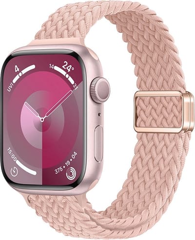 Bandje van gevlochten nylon - geschikt voor Apple Watch 1/2/3/4/5/6/7/8/9/10/11/ SE (1,2,3) met maat 38 mm / 40 mm / 41 mm en 42 mm (Watch 10/11) - zacht roze